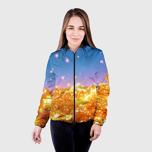 Женская куртка Золотые шарики на голубом фоне / 3D-Черный – фото 4
