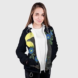 Куртка с капюшоном женская Чёрный ворон на ветке среди синих цветов под луной, цвет: 3D-белый — фото 2