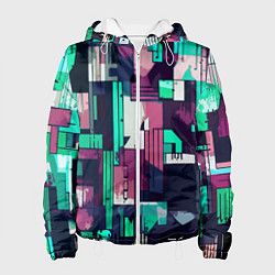 Куртка с капюшоном женская Абстракция бирюзовый с розовым геометричный, цвет: 3D-белый