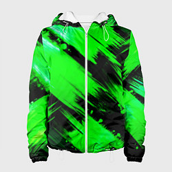 Куртка с капюшоном женская Зеленые мазки краски на черном, цвет: 3D-белый
