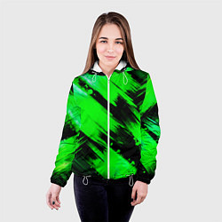 Куртка с капюшоном женская Зеленые мазки краски на черном, цвет: 3D-белый — фото 2