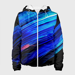 Куртка с капюшоном женская Синии кисти краски на черном, цвет: 3D-белый