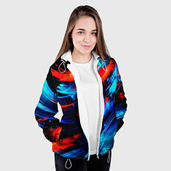 Куртка с капюшоном женская Синие и красные мазки краски на черном, цвет: 3D-белый — фото 2