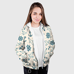Куртка с капюшоном женская Морской паттерн из штурвалов, чаек и якорей, цвет: 3D-белый — фото 2