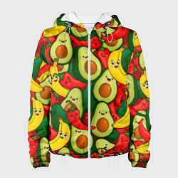 Куртка с капюшоном женская Авокадо, бананы, перцы чили улыбаются - паттерн фр, цвет: 3D-белый