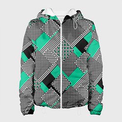 Куртка с капюшоном женская Черно бирюзовая абстрактная геометрия пэчворк, цвет: 3D-белый