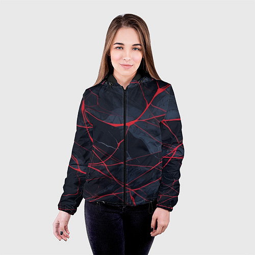 Женская куртка Мраморные узоры из переплетений красных линий / 3D-Черный – фото 4