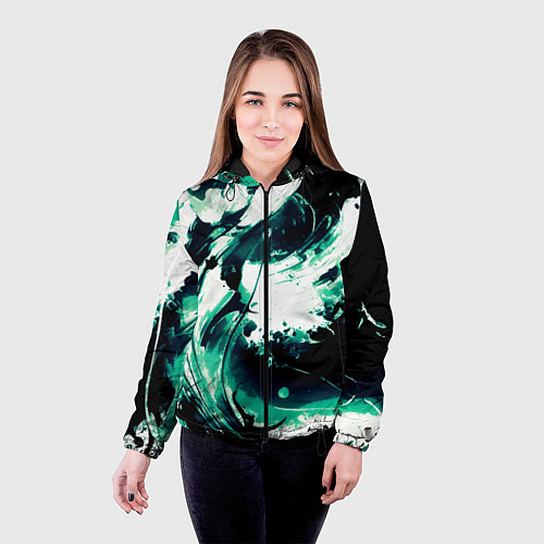 Женская куртка Чёрно-зелёный абстракция волна / 3D-Черный – фото 4