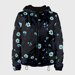 Куртка с капюшоном женская Паттерн с маленькими синими цветами, цвет: 3D-черный