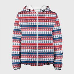 Куртка с капюшоном женская Скандинавский красно синий новогодний орнамент, цвет: 3D-белый