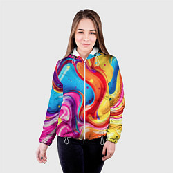 Куртка с капюшоном женская Смесь красно-жёлто-голубых масляных красок абстрак, цвет: 3D-белый — фото 2