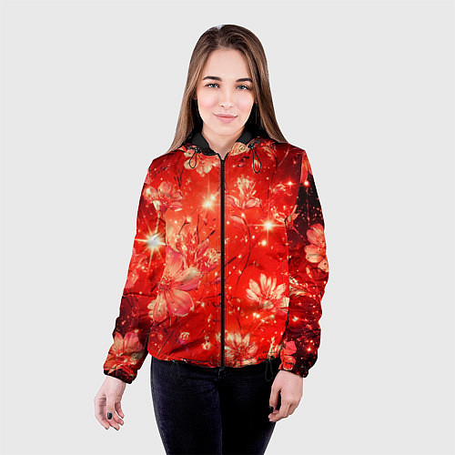 Женская куртка Цветочный красный с искрами / 3D-Черный – фото 4