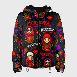 Куртка с капюшоном женская Паттерн с матрешками, цвет: 3D-черный
