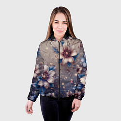 Куртка с капюшоном женская Сине-бежевый дымчатый с цветами, цвет: 3D-черный — фото 2