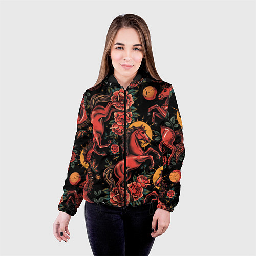 Женская куртка Красная лошадь с розами / 3D-Черный – фото 4