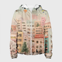 Куртка с капюшоном женская Объемный новогодний город, цвет: 3D-белый