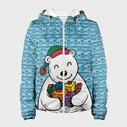 Куртка с капюшоном женская Новогодний мишка, цвет: 3D-белый