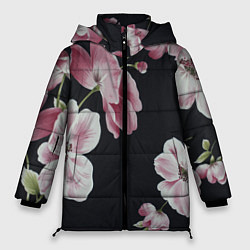 Куртка зимняя женская Цветы на черном фоне, цвет: 3D-светло-серый