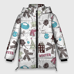 Куртка зимняя женская Снеговики Новый год 2017, цвет: 3D-черный