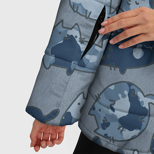Женская зимняя куртка Камуфляж с котиками серо-голубой / 3D-Черный – фото 5