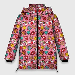Куртка зимняя женская Губы Смайлы Любовь, цвет: 3D-черный