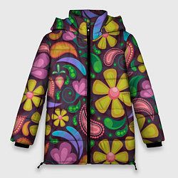 Куртка зимняя женская Летние цветы узор на темном, цвет: 3D-черный