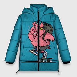 Куртка зимняя женская Свинья на скейте, цвет: 3D-черный