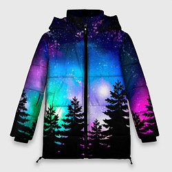 Куртка зимняя женская Космический лес, елки и звезды, цвет: 3D-красный