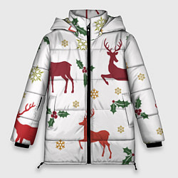 Куртка зимняя женская Новогодние Олени Снежинки, цвет: 3D-черный