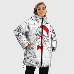 Куртка зимняя женская Новогодний тигр летящие снежинки, цвет: 3D-красный — фото 2