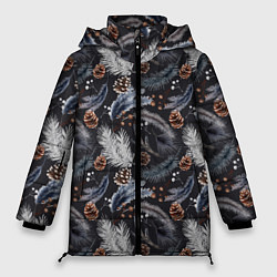 Куртка зимняя женская Узор из еловых веток и шишек Акварельный рисунок, цвет: 3D-светло-серый