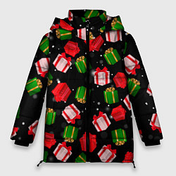 Куртка зимняя женская Новогодние паттерн подарков, цвет: 3D-красный