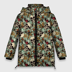 Куртка зимняя женская Доллары, Черепа, Бриллианты, Кресты, Кастеты, Цепи, цвет: 3D-черный