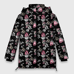 Куртка зимняя женская Абстрактный черно-розовый узор, цвет: 3D-красный