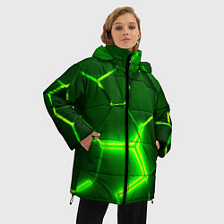 Куртка зимняя женская 3D ПЛИТЫ НЕОН NEON GREEN HEXAGON РАЗЛОМ, цвет: 3D-черный — фото 2