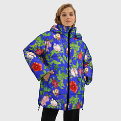 Куртка зимняя женская Цветочки - синий фон - паттерн, цвет: 3D-черный — фото 2