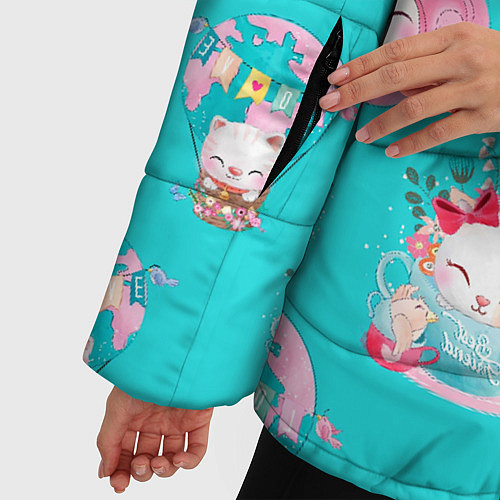 Женская зимняя куртка Коты в кружках паттерн / 3D-Красный – фото 5