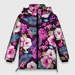 Куртка зимняя женская Цветочный Паттерн Flowers and leaves, цвет: 3D-черный
