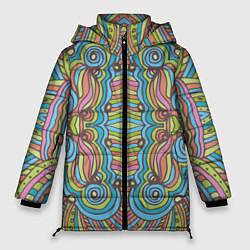 Куртка зимняя женская Абстрактный разноцветный узор Линии, волны, полосы, цвет: 3D-черный