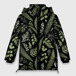 Куртка зимняя женская Зелёные листья папоротника на черном фоне, цвет: 3D-черный