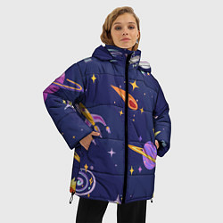 Куртка зимняя женская Космический дизайн с планетами, звёздами и ракетам, цвет: 3D-светло-серый — фото 2