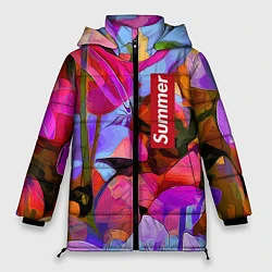 Куртка зимняя женская Красочный летний цветочный паттерн Summer color pa, цвет: 3D-черный