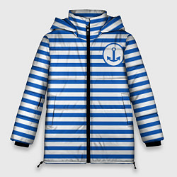 Куртка зимняя женская Морская тельняшка - бело-синие полосы и якорь, цвет: 3D-черный