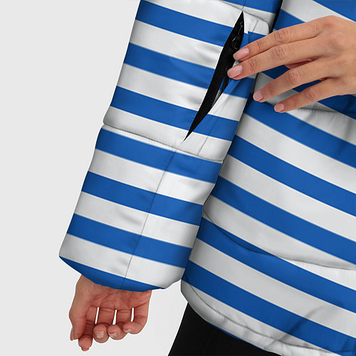 Женская зимняя куртка Морская тельняшка - бело-синие полосы и якорь / 3D-Черный – фото 5