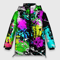 Куртка зимняя женская Разноцветные пятна краски на черном фоне, цвет: 3D-черный