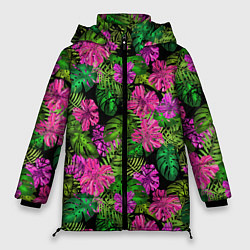 Куртка зимняя женская Тропические листья и цветы на черном фоне, цвет: 3D-красный
