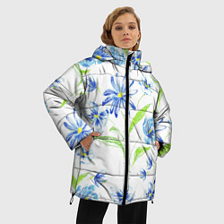 Куртка зимняя женская Цветы Синие Нарисованные Карандашами, цвет: 3D-светло-серый — фото 2
