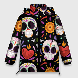 Куртка зимняя женская Веселые черепа в цветах, цвет: 3D-черный