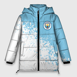 Куртка зимняя женская Manchester city белые брызги на голубом фоне, цвет: 3D-светло-серый