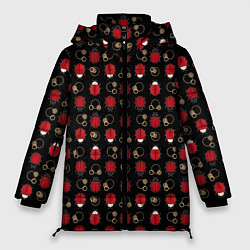 Куртка зимняя женская Красные Божьи коровки на черном фоне ladybug, цвет: 3D-светло-серый